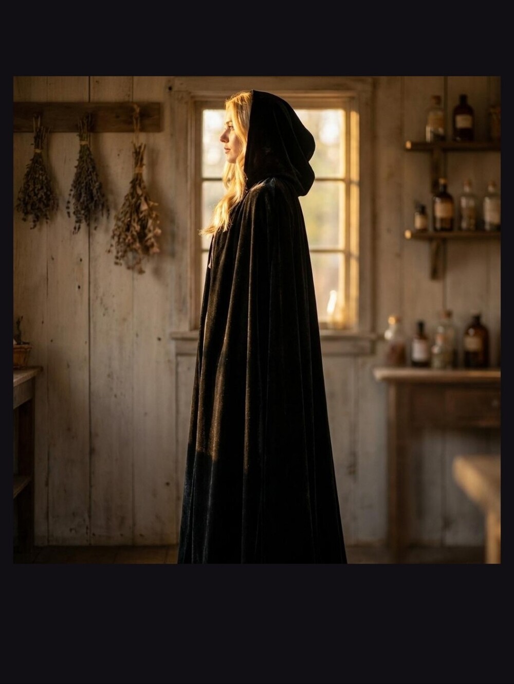Long Black Gothic Velvet Cape halloween cosplay dressup witchy dark one size - Picture 10 of 11